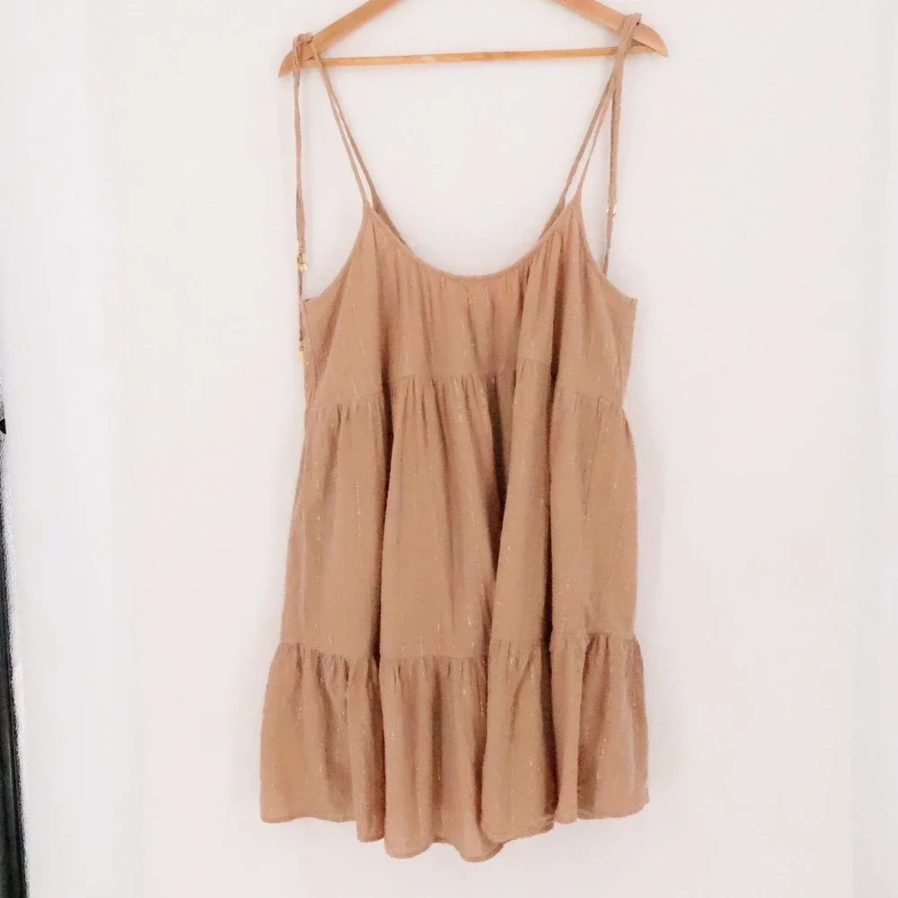 Aerie Magic Hour Boho Cover-Up Tiered Sundress Size M Tan Gold Metallic Beachy